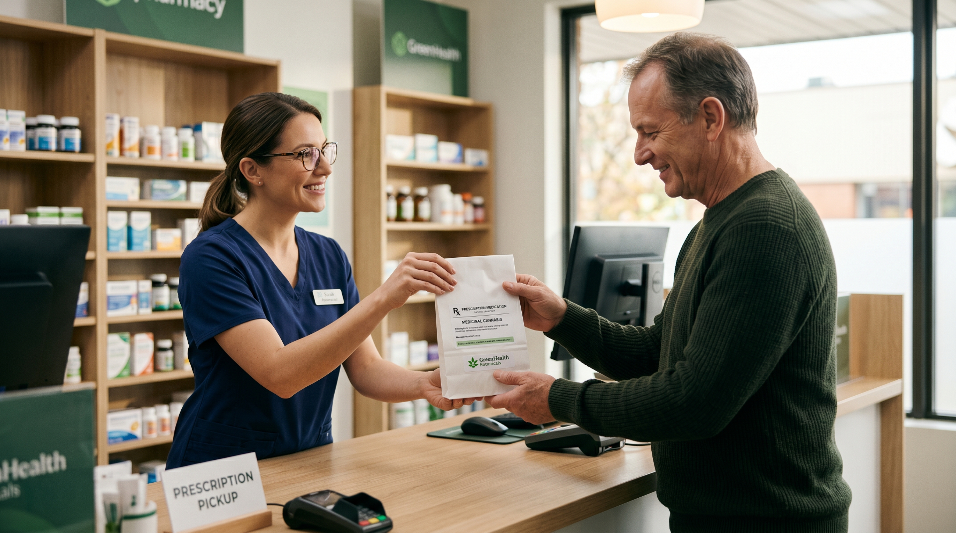 Pharmacist handing a prescription bag to a patient
